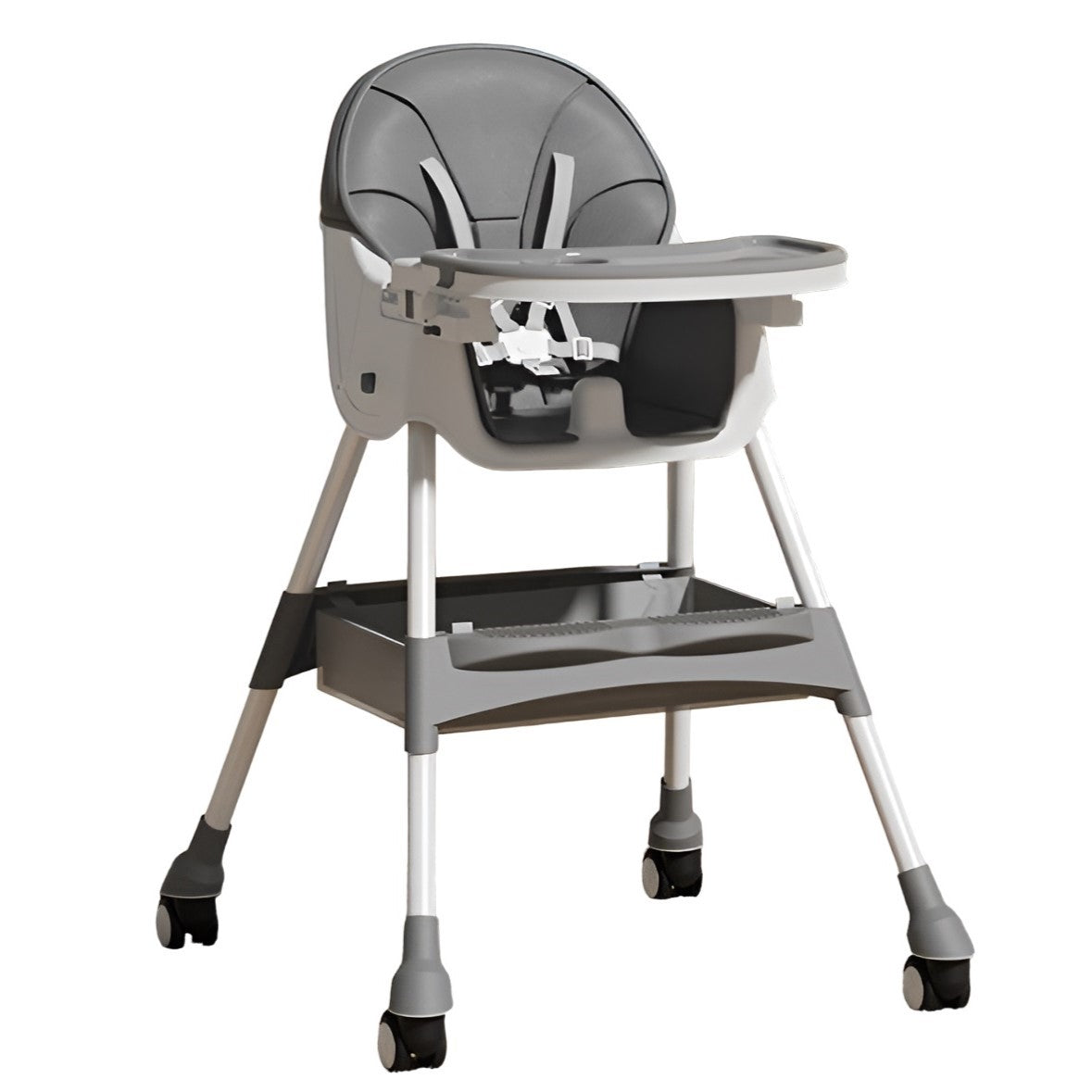 Scaun de Masa pentru Bebelusi si Copii, Flippy, cu Roti, Telescopic, Pliabil, Masuta Reglabila, Suport Picioare, Scaun cu Invelis Piele Artificiala, Centura Siguranta, Spatiu Depozitare, 97x73x65 cm, Gri-0