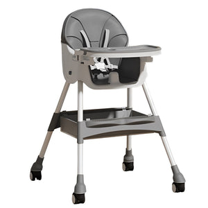 Scaun de Masa pentru Bebelusi si Copii, Flippy, cu Roti, Telescopic, Pliabil, Masuta Reglabila, Suport Picioare, Scaun cu Invelis Piele Artificiala, Centura Siguranta, Spatiu Depozitare, 97x73x65 cm, Gri-0