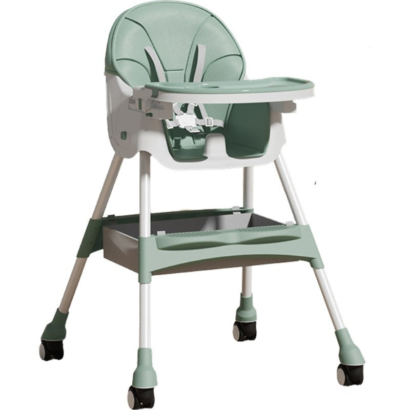 Scaun de Masa pentru Bebelusi si Copii, Flippy, cu Roti, Telescopic, Pliabil, Masuta Reglabila, Suport Picioare, Scaun cu Invelis Piele Artificiala, Centura Siguranta, Spatiu Depozitare, 97x73x65 cm, Verde-0