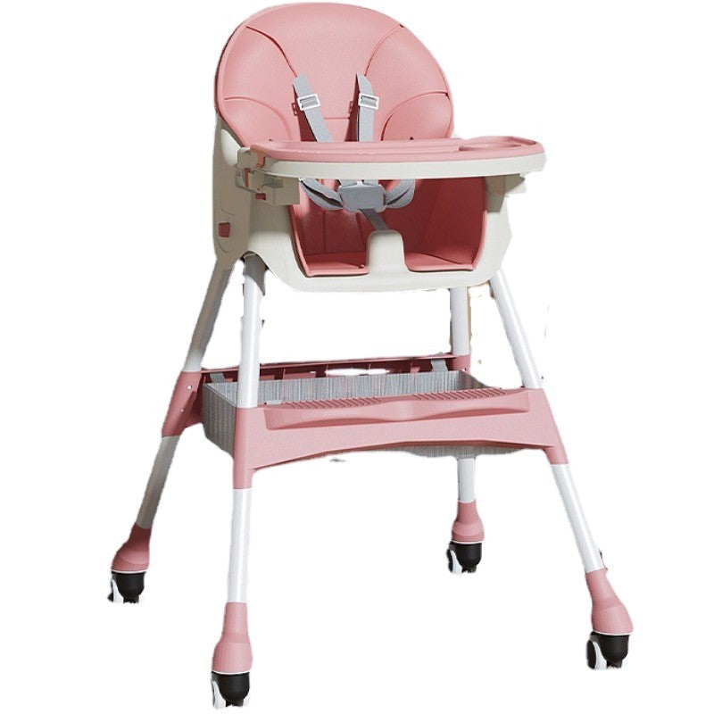 Scaun de Masa pentru Bebelusi si Copii, Flippy, cu Roti, Telescopic, Pliabil, Masuta Reglabila, Suport Picioare, Scaun cu Invelis Piele Artificiala, Centura Siguranta, Spatiu Depozitare, 97x73x65 cm, Roz-0