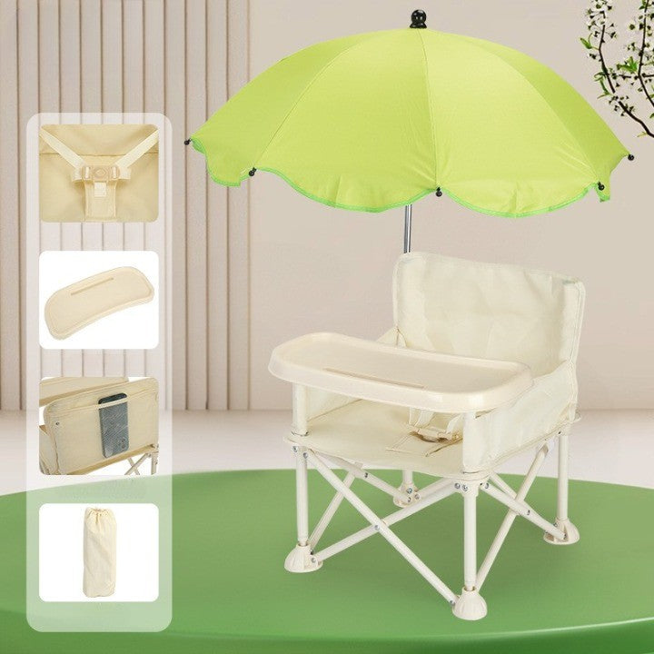 Scaun de Masa pentru Bebelusi si Copii, Flippy, Tavita si Husa Detasabile, Multifuncțional, Stabil, Centura de Siguranta, Cos de Depozitare, Bej, cu Umbrela Verde, de la 6 Luni-1