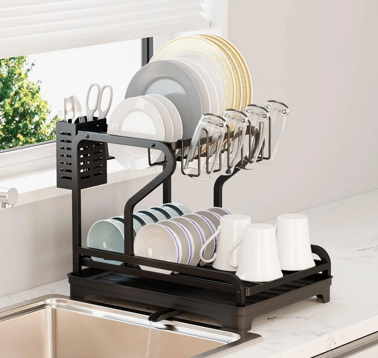 Raft Organizator pentru Vase, Negru, din metal, cu tava de scurgere, 46 x 28 x 32 cm