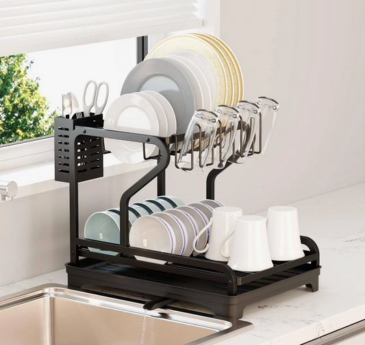 Raft Organizator pentru Vase, Negru, din metal, cu tava de scurgere, 46 x 28 x 32 cm