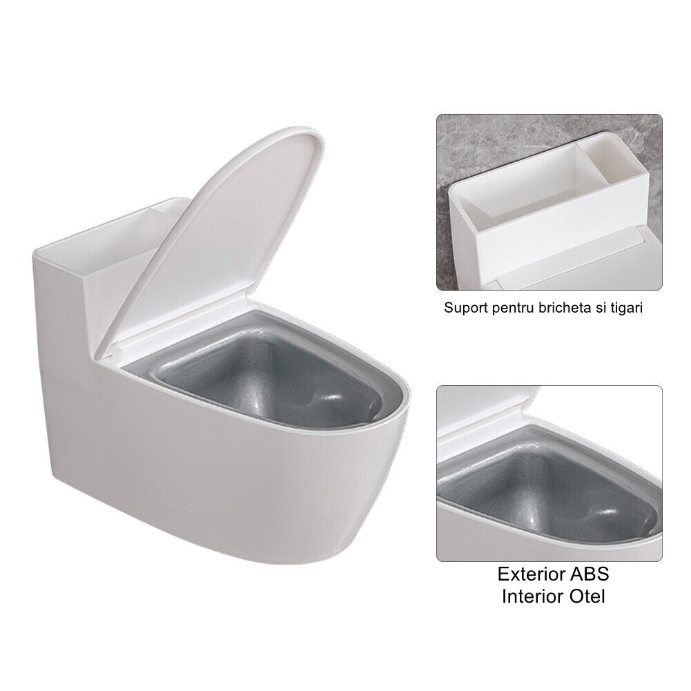 Scrumiera creativa Flippy, Forma de Toaleta, Capac Alb , Material ABS si Otel Inoxidabil, 12.5 x 10 x 8 cm, Fixare prin Lipire sau De Sine Statator, pentru Baie, Camera, Bucatarie, Balcon, Alb, model 2-7