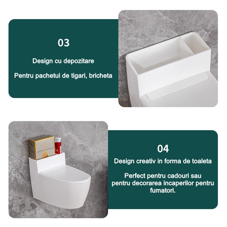 Scrumiera creativa Flippy, Forma de Toaleta, Capac Alb , Material ABS si Otel Inoxidabil, 12.5 x 10 x 8 cm, Fixare prin Lipire sau De Sine Statator, pentru Baie, Camera, Bucatarie, Balcon, Alb, model 2-9