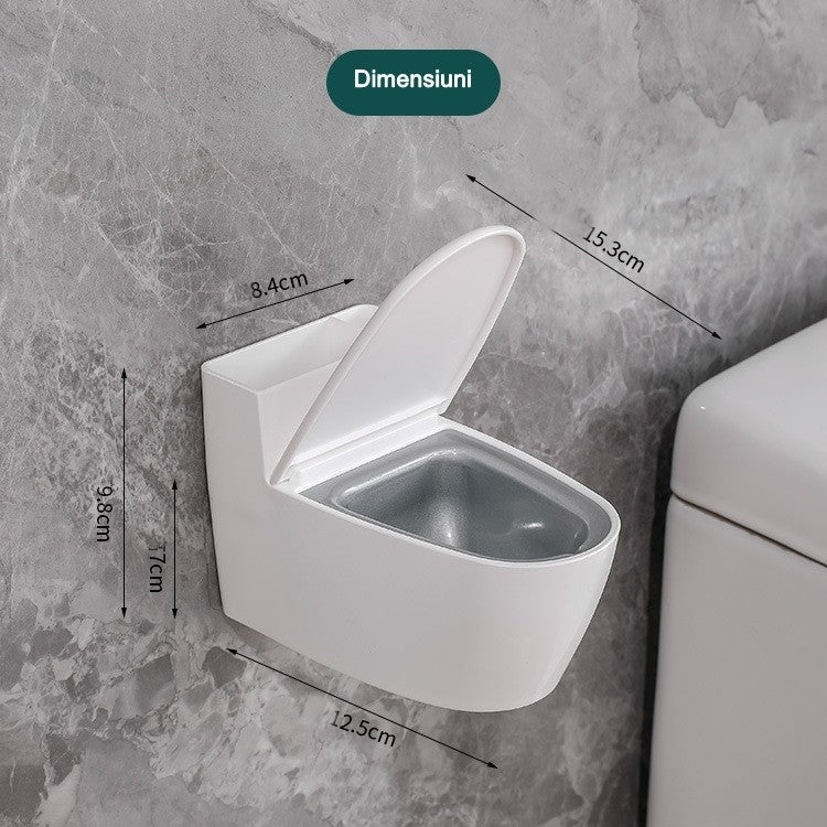 Scrumiera creativa Flippy, Forma de Toaleta, Capac Alb , Material ABS si Otel Inoxidabil, 12.5 x 9.8 x 8.4 cm, Fixare prin Lipire sau De Sine Statator, pentru Baie, Camera, Bucatarie, Balcon, Alb-2
