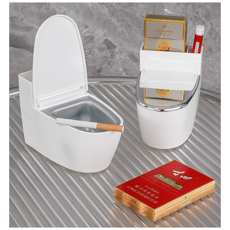 Scrumiera creativa Flippy, Forma de Toaleta, Capac Argintiu, Material ABS si Otel Inoxidabil, 12.5 x 9.8 x 8.4 cm, Fixare prin Lipire sau De Sine Statator, pentru Baie, Camera, Bucatarie, Balcon, Argintiu-3