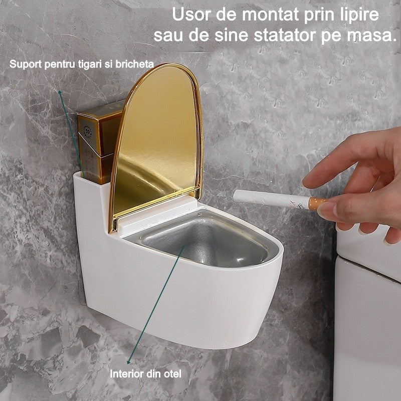 Scrumiera creativa Flippy, Forma de Toaleta, Capac Auriu, Material ABS si Otel Inoxidabil, 12.5 x 9.8 x 8.4 cm, Fixare prin Lipire sau De Sine Statator, pentru Baie, Camera, Bucatarie, Balcon, Auriu-1