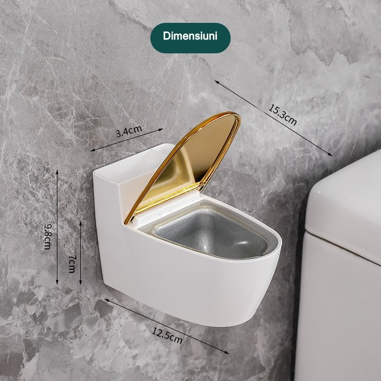 Scrumiera creativa Flippy, Forma de Toaleta, Capac Auriu, Material ABS si Otel Inoxidabil, 12.5 x 9.8 x 8.4 cm, Fixare prin Lipire sau De Sine Statator, pentru Baie, Camera, Bucatarie, Balcon, Auriu-2