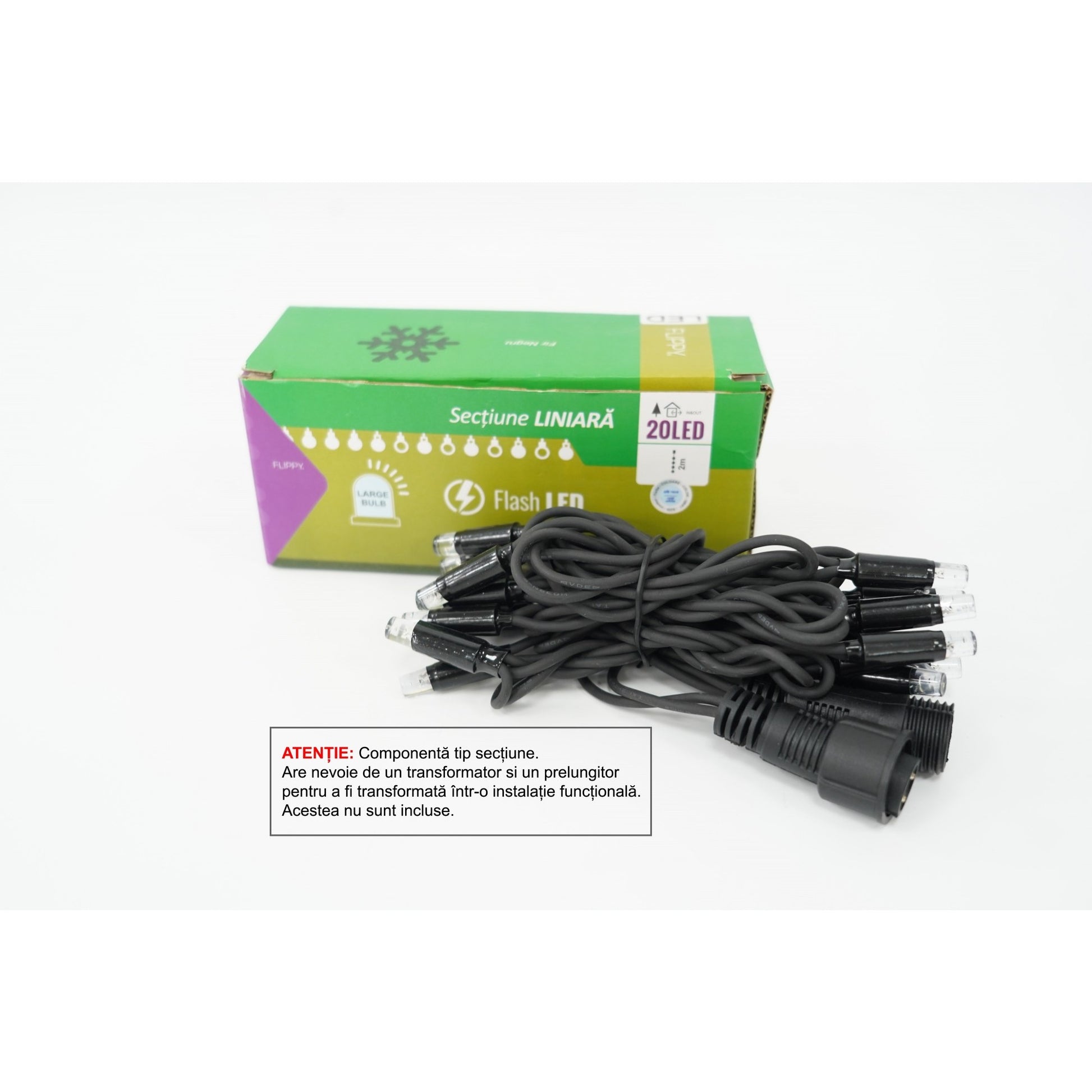 Sectiune Instalatie de Craciun Flippy Tip Liniara, cu Flash, 2 m, 20 LED-uri, Interconectabila, Fir Negru, Alb-Rece, Atentie! nu contine Alimentator-0