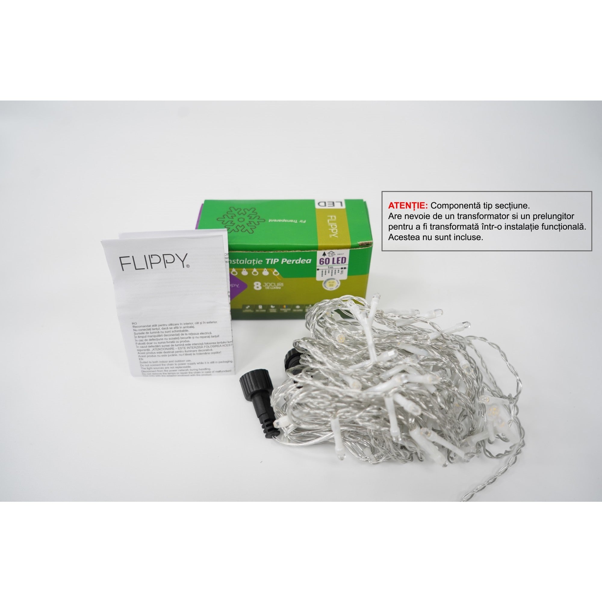 Sectiune Instalatie de Craciun Flippy Tip Perdea, 8 jocuri de lumini, 1x1 m, 60 LED-uri, Interconectabila, Fir Transparent, Alb Cald-0