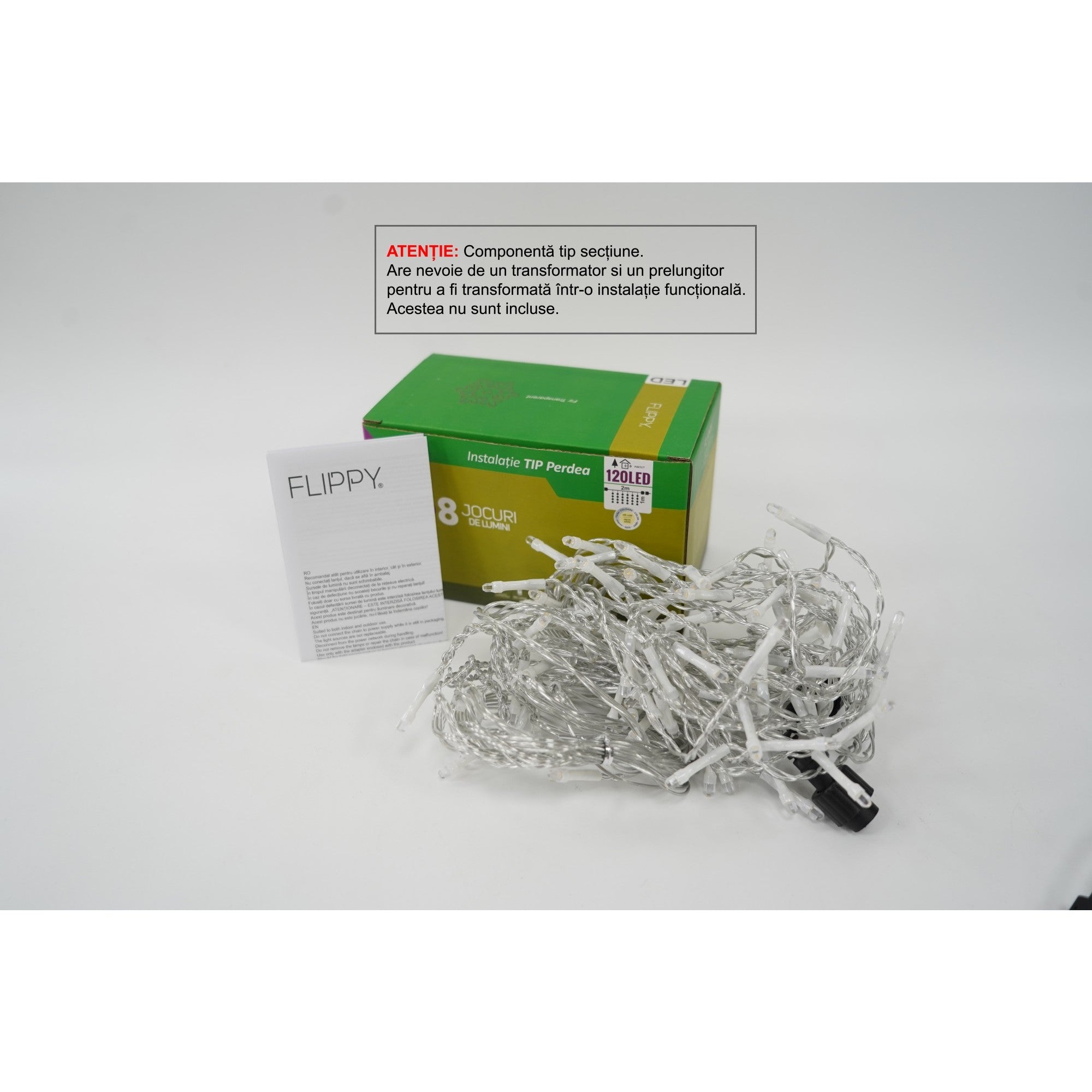 Sectiune Instalatie de Craciun Flippy Tip Perdea, 8 jocuri de lumini, 2m x1 m, 120 LED-uri, Interconectabila, Fir Transparent, Alb Cald-0
