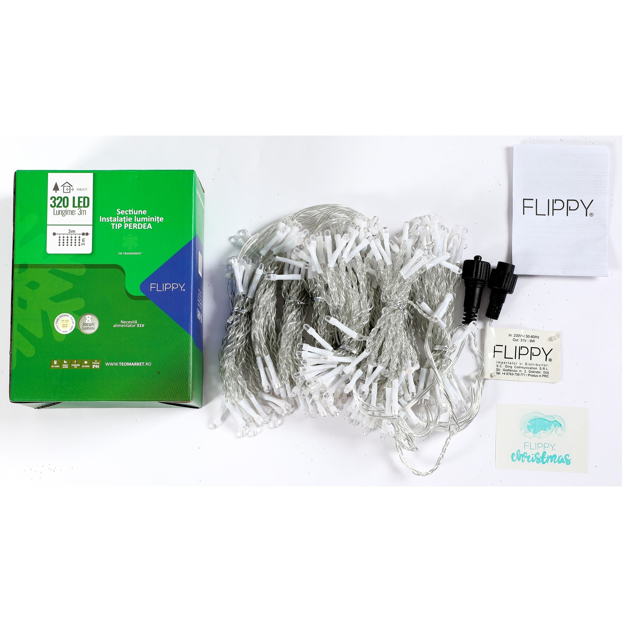 Sectiune Instalatie de Craciun Flippy Tip Perdea, cu 8 jocuri de lumini, 3 m x 3 m, 320 LED-uri, Interconectabila, Fir Transparent, Alb Cald-0