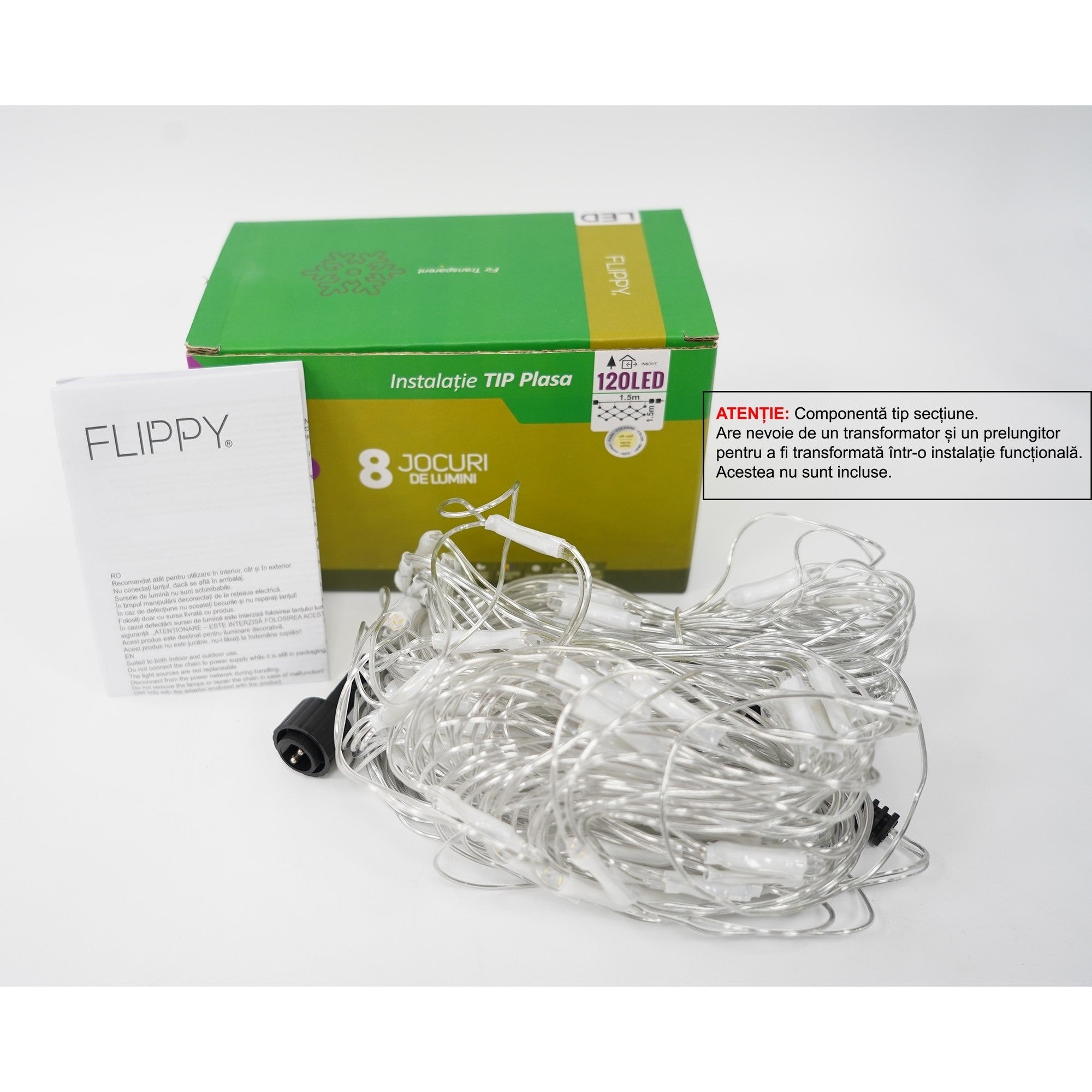 Sectiune Instalatie de Craciun Flippy, Tip Plasa, 120 LED-uri, 1.5 x 1.5 m, 8 jocuri de lumini, Interconectabila, Fir transparent, Alb cald-0