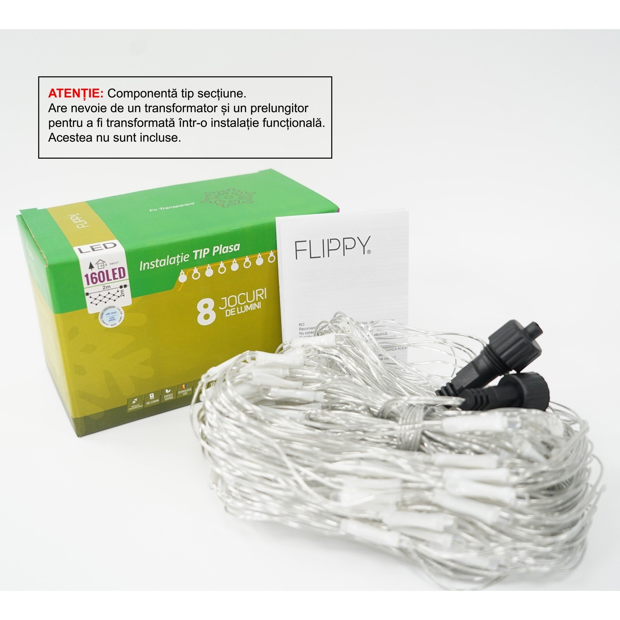Sectiune Instalatie de Craciun Flippy, Tip Plasa, 160 LED-uri, 2 m x 2 m, 8 jocuri de lumini, Interconectabila, Fir transparent, Alb rece-0