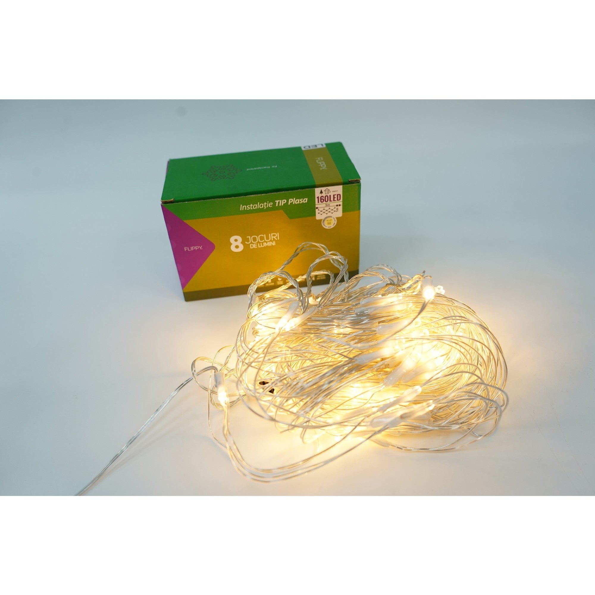 Sectiune Instalatie de Craciun Flippy, Tip Plasa, 160 LED-uri, 3 m x 1 m, 8 jocuri de lumini, Interconectabila, Fir transparent, Alb cald-3
