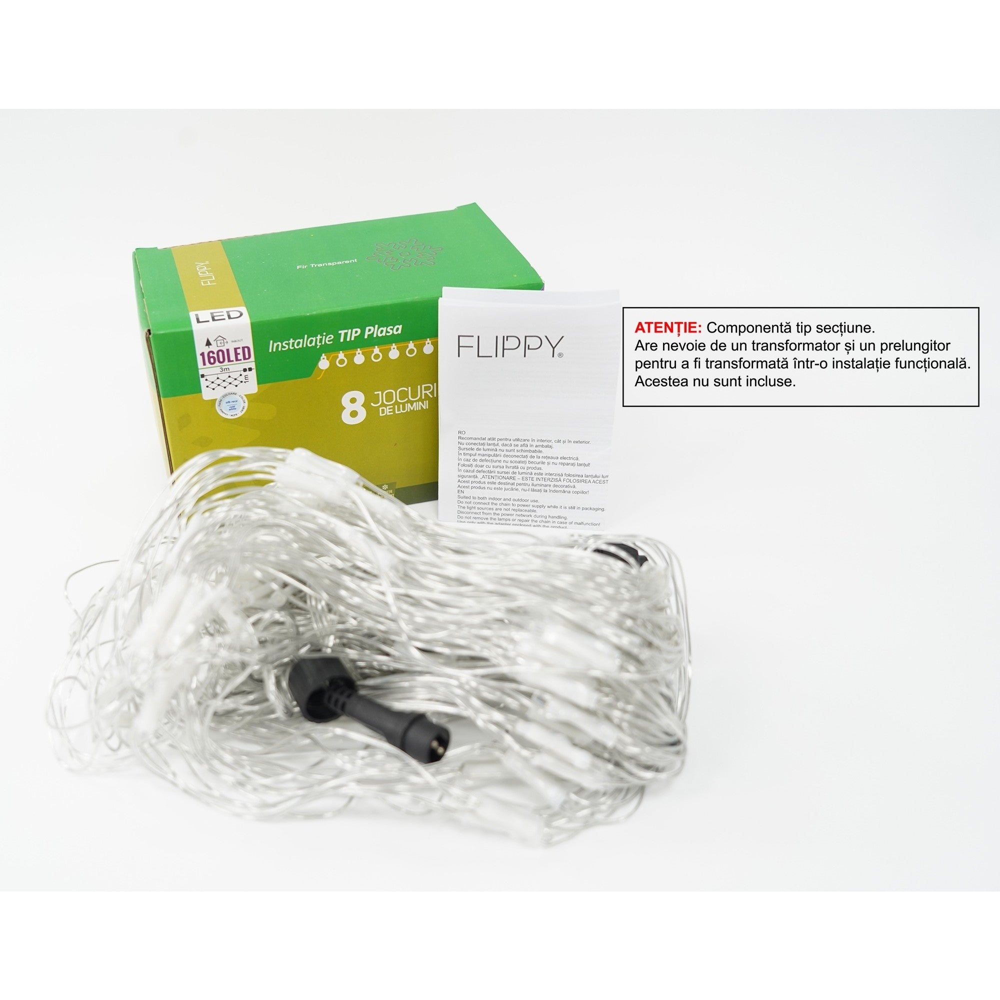 Sectiune Instalatie de Craciun Flippy, Tip Plasa, 160 LED-uri, 3 m x 1 m, 8 jocuri de lumini, Interconectabila, Fir transparent, Alb rece-0