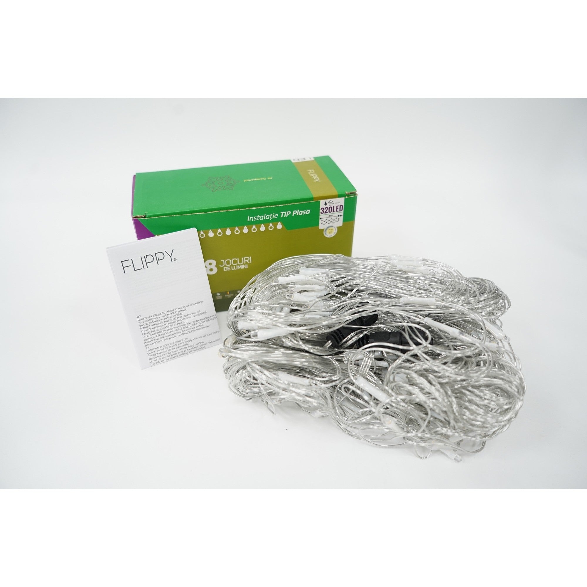 Sectiune Instalatie de Craciun Flippy, Tip Plasa, 320 LED-uri, 3 m x 3 m, 8 jocuri de lumini, Interconectabila, Fir transparent, Alb cald-3