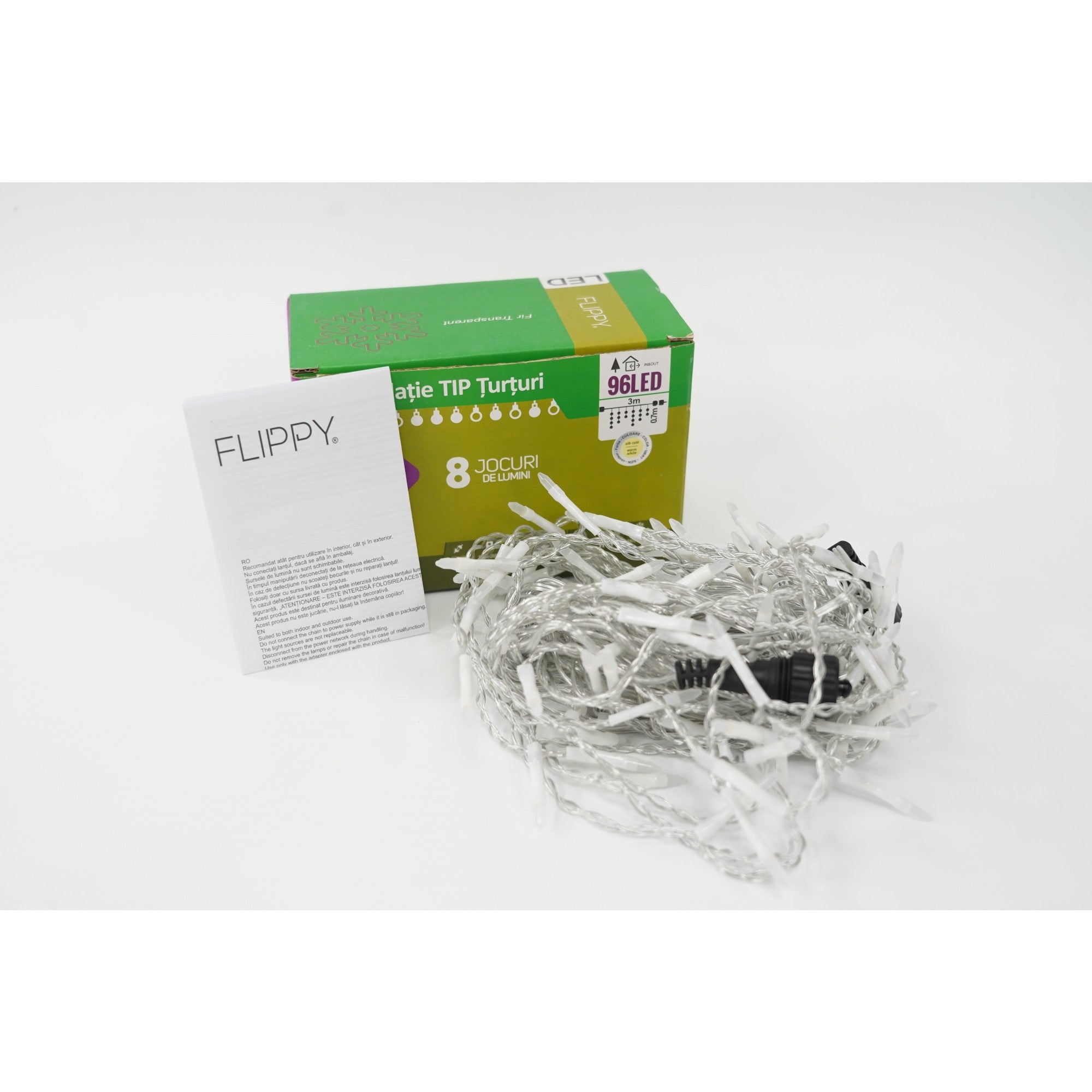 Sectiune Instalatie de Craciun Flippy® Tip Turturi, 8 jocuri de lumini 3 m, 96 LED-uri, Interconectabila, Fir Transparent, Alb Cald, Atentie! nu contine alimentator-3