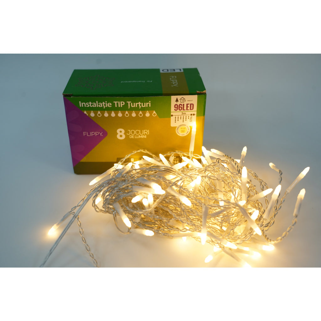 Sectiune Instalatie de Craciun Flippy® Tip Turturi, 8 jocuri de lumini 3 m, 96 LED-uri, Interconectabila, Fir Transparent, Alb Cald, Atentie! nu contine alimentator-0