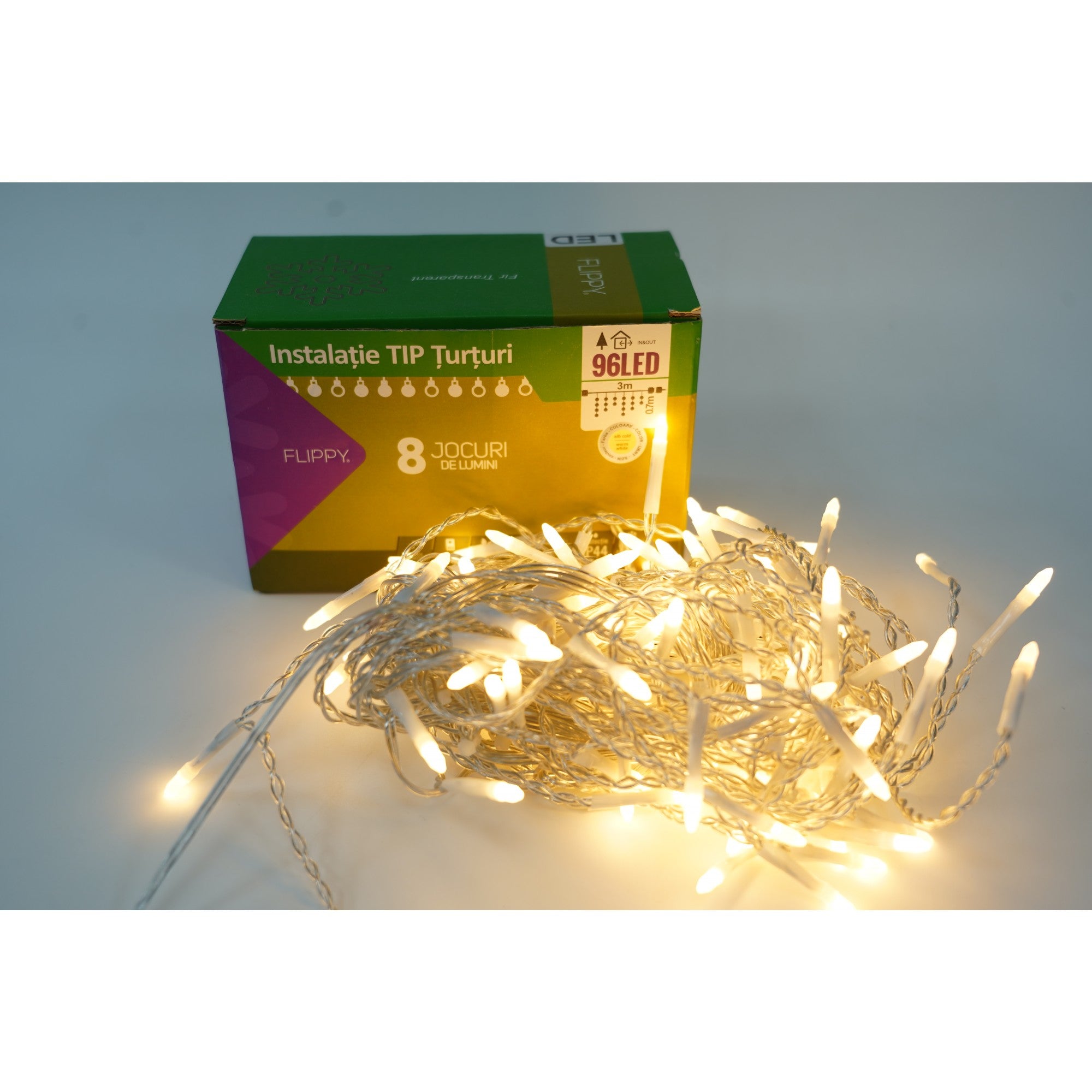Sectiune Instalatie de Craciun Flippy® Tip Turturi, 8 jocuri de lumini 3 m, 96 LED-uri, Interconectabila, Fir Transparent, Alb Cald, Atentie! nu contine alimentator-0