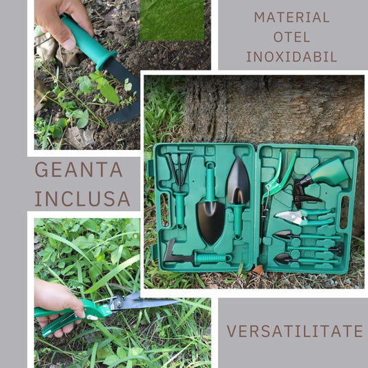 Set 10 accesorii pentru gradinarit Flippy, geanta depozitare inclusa, otel inoxidabil, 37 x 28 cm, verde-1