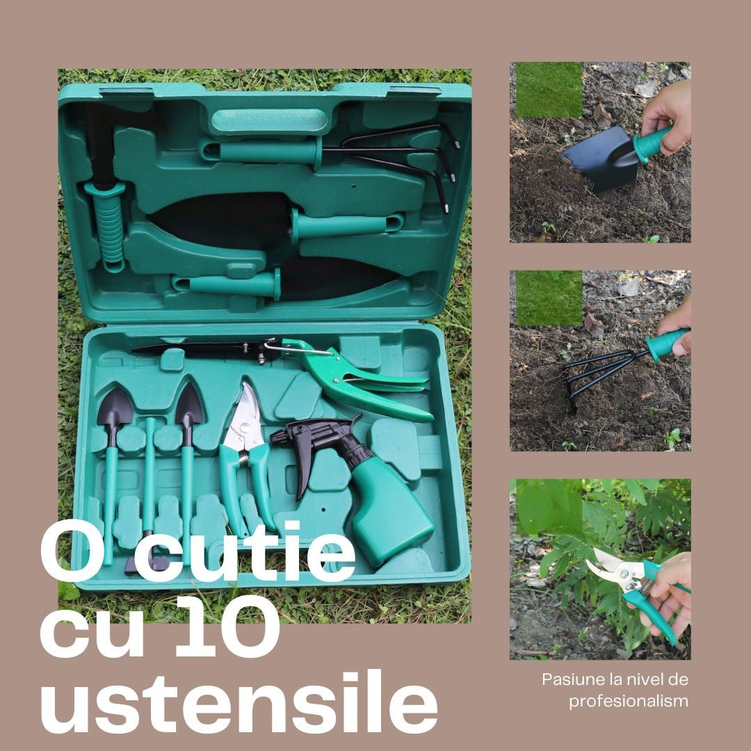 Set 10 accesorii pentru gradinarit Flippy, geanta depozitare inclusa, otel inoxidabil, 37 x 28 cm, verde-2