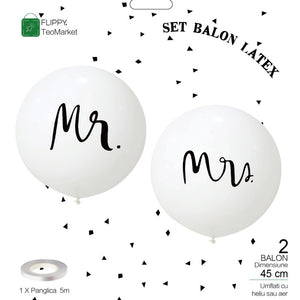 Set 2 Baloane din Latex, Flippy, Tip Jumbo, Model Mr si Mrs, Tema Nunta, 45 cm, Alb-0