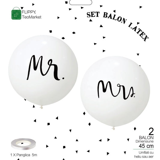 Set 2 Baloane din Latex, Flippy, Tip Jumbo, Model Mr si Mrs, Tema Nunta, 45 cm, Alb-0