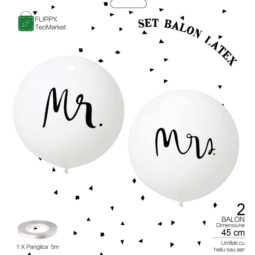 Set 2 Baloane din Latex, Flippy, Tip Jumbo, Model Mr si Mrs, Tema Nunta, 45 cm, Alb-0