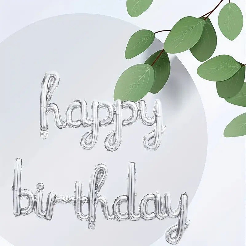 Set 10 Baloane din Folie Metalizata, Flippy, Figurine Litere, Model Scris de Mana Happy Birthday, Tema Aniversare, 40 cm, Ambalaj Individual, Pai Inclus, Umflare cu Aer sau Heliu, Argintiu-1