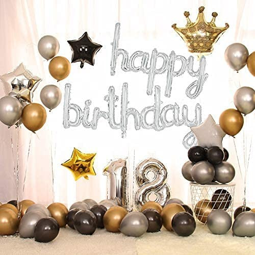 Set 10 Baloane din Folie Metalizata, Flippy, Figurine Litere, Model Scris de Mana Happy Birthday, Tema Aniversare, 40 cm, Ambalaj Individual, Pai Inclus, Umflare cu Aer sau Heliu, Argintiu-2