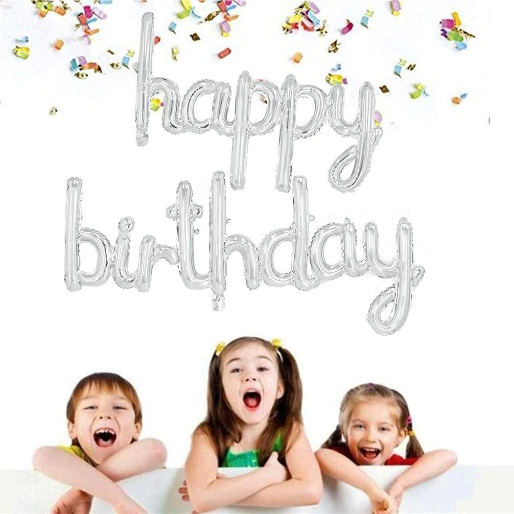 Set 10 Baloane din Folie Metalizata, Flippy, Figurine Litere, Model Scris de Mana Happy Birthday, Tema Aniversare, 40 cm, Ambalaj Individual, Pai Inclus, Umflare cu Aer sau Heliu, Argintiu-3