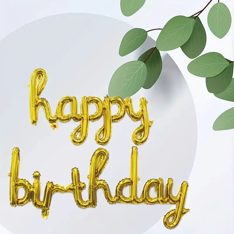 Set 10 Baloane din Folie Metalizata, Flippy, Figurine Litere, Model Scris de Mana Happy Birthday, Tema Aniversare, 40 cm, Ambalaj Individual, Pai Inclus, Umflare cu Aer sau Heliu, Auriu-1