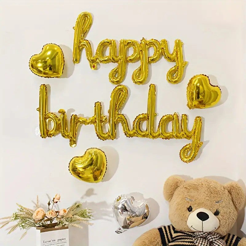 Set 10 Baloane din Folie Metalizata, Flippy, Figurine Litere, Model Scris de Mana Happy Birthday, Tema Aniversare, 40 cm, Ambalaj Individual, Pai Inclus, Umflare cu Aer sau Heliu, Auriu-2