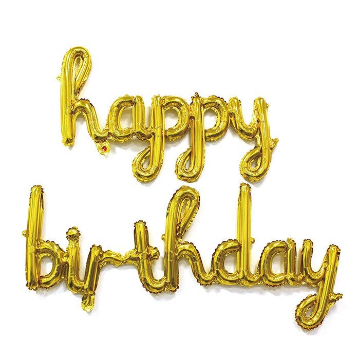 Set 10 Baloane din Folie Metalizata, Flippy, Figurine Litere, Model Scris de Mana Happy Birthday, Tema Aniversare, 40 cm, Ambalaj Individual, Pai Inclus, Umflare cu Aer sau Heliu, Auriu-0
