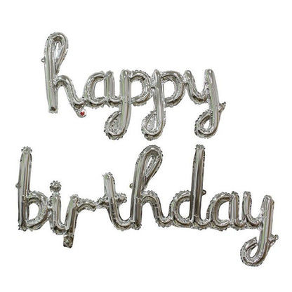 Set 10 Baloane din Folie Metalizata, Flippy, Figurine Litere, Model Scris de Mana Happy Birthday, Tema Aniversare, 40 cm, Ambalaj Individual, Pai Inclus, Umflare cu Aer sau Heliu, Argintiu-0