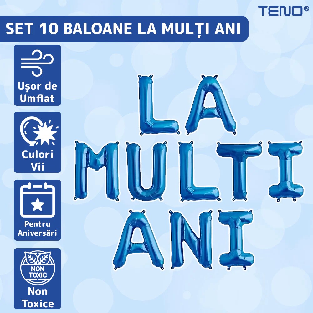 Set 10 Baloane din Folie Metalizata, Flippy, Figurine Litere, Model La multi ani, Tema Aniversare, 40 cm, Ambalaj Individual, Pai Inclus,  Umflare cu Aer sau Heliu, Albastru-2