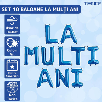 Set 10 Baloane din Folie Metalizata, Flippy, Figurine Litere, Model La multi ani, Tema Aniversare, 40 cm, Ambalaj Individual, Pai Inclus,  Umflare cu Aer sau Heliu, Albastru-2