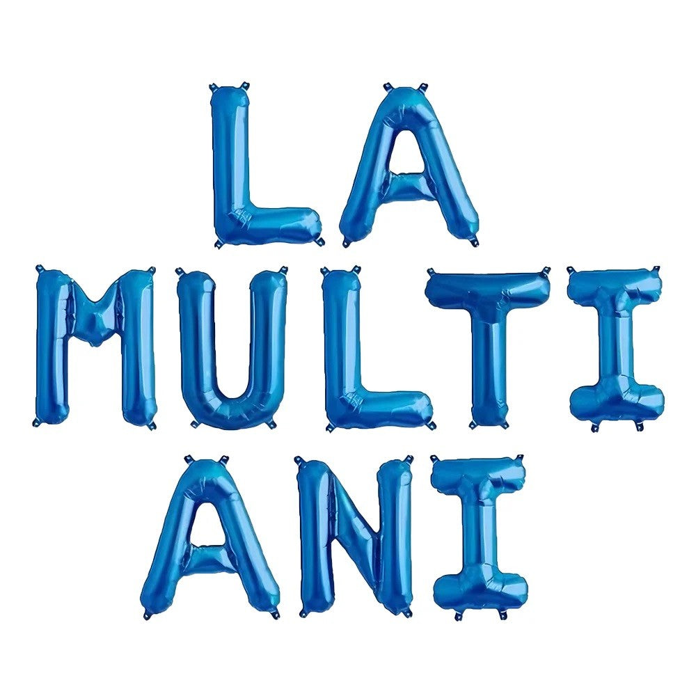 Set 10 Baloane din Folie Metalizata, Flippy, Figurine Litere, Model La multi ani, Tema Aniversare, 40 cm, Ambalaj Individual, Pai Inclus,  Umflare cu Aer sau Heliu, Albastru-0