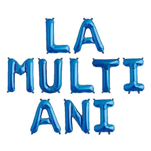Set 10 Baloane din Folie Metalizata, Flippy, Figurine Litere, Model La multi ani, Tema Aniversare, 40 cm, Ambalaj Individual, Pai Inclus,  Umflare cu Aer sau Heliu, Albastru-0