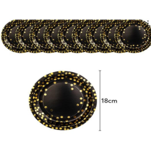 Set 10 farfurii diametru 23 cm, Flippy, Negre cu buline aurii-0