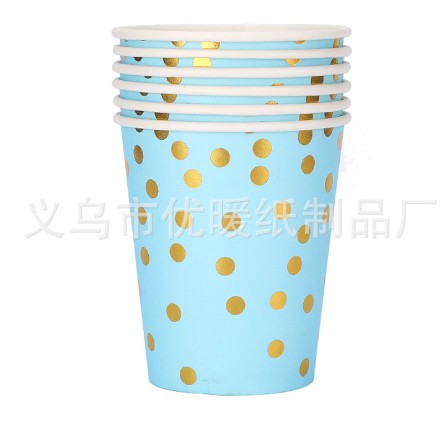 Set 10 pahare de carton, model buline aurii, 250ml, albastru-0