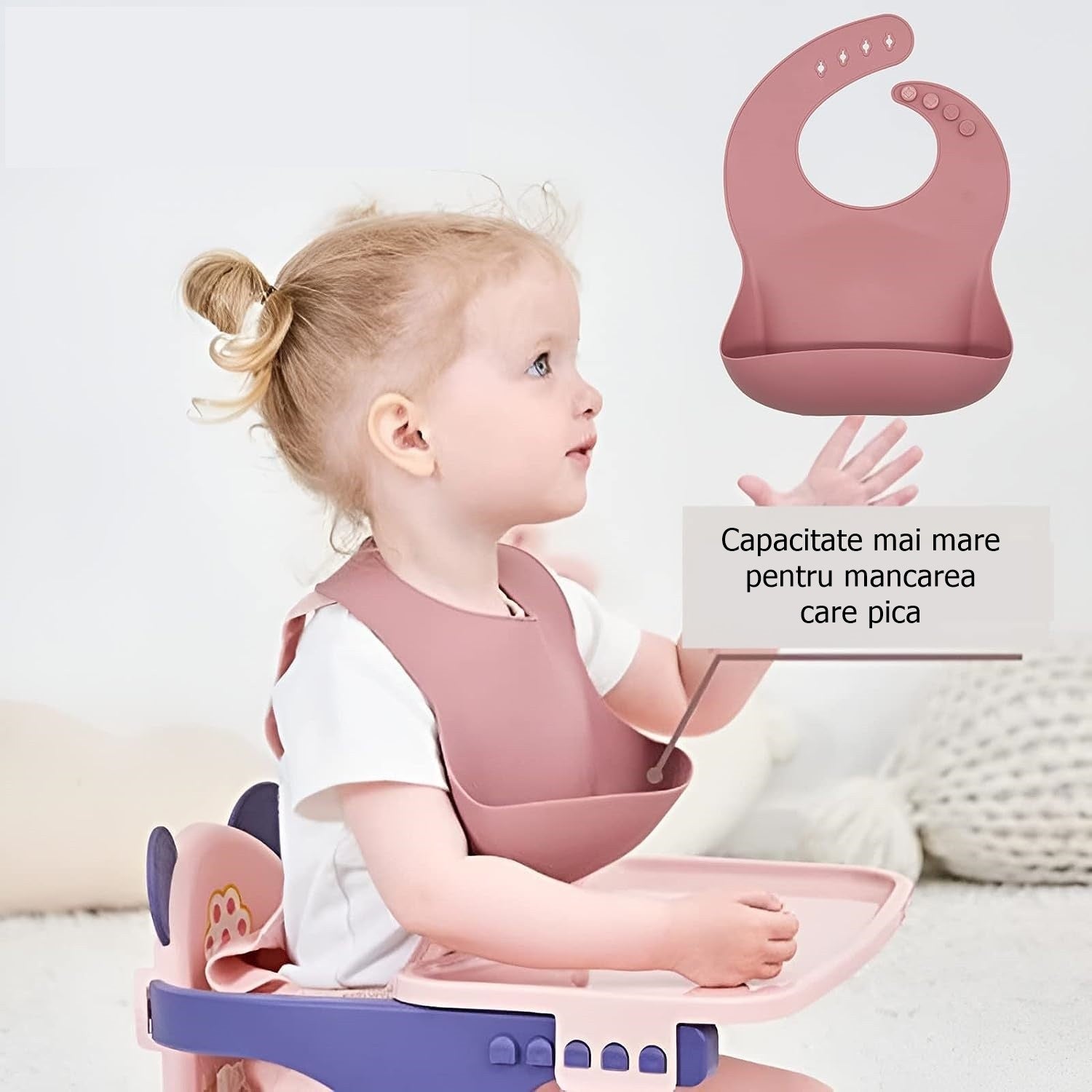 Set 10 piese diversificare bebelusi si copii din silicon Flippy, baveta, farfurie compartimentata cu ventuza, bol cu ventuza, tacamuri din lemn si silicon, cana pentru gustari, fara alergeni, roz pudrat-1