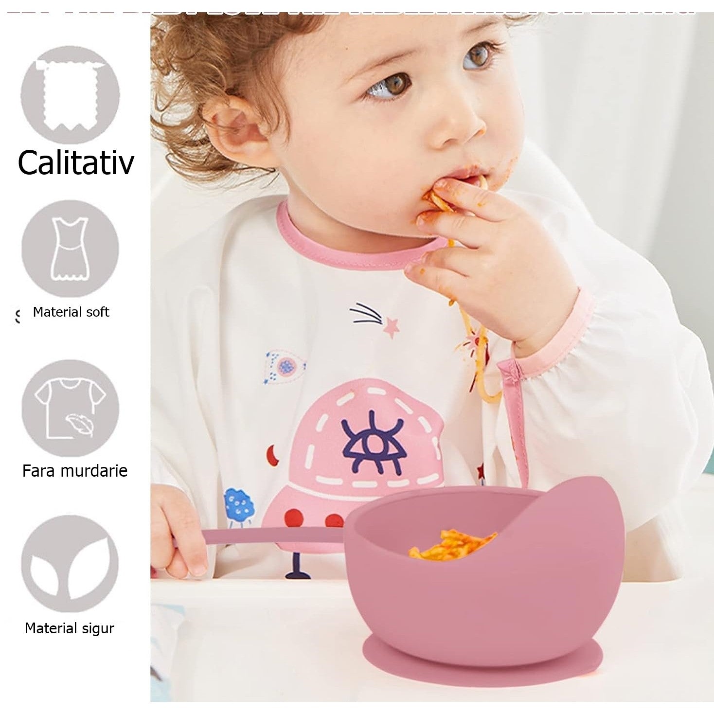 Set 10 piese diversificare bebelusi si copii din silicon Flippy, baveta, farfurie compartimentata cu ventuza, bol cu ventuza, tacamuri din lemn si silicon, cana pentru gustari, fara alergeni, roz pudrat-2