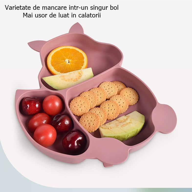 Set 10 piese diversificare bebelusi si copii din silicon Flippy, baveta, farfurie compartimentata cu ventuza, bol cu ventuza, tacamuri din lemn si silicon, cana pentru gustari, fara alergeni, roz pudrat-3