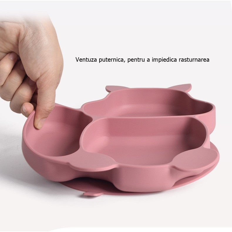 Set 10 piese diversificare bebelusi si copii din silicon Flippy, baveta, farfurie compartimentata cu ventuza, bol cu ventuza, tacamuri din lemn si silicon, cana pentru gustari, fara alergeni, roz pudrat-5