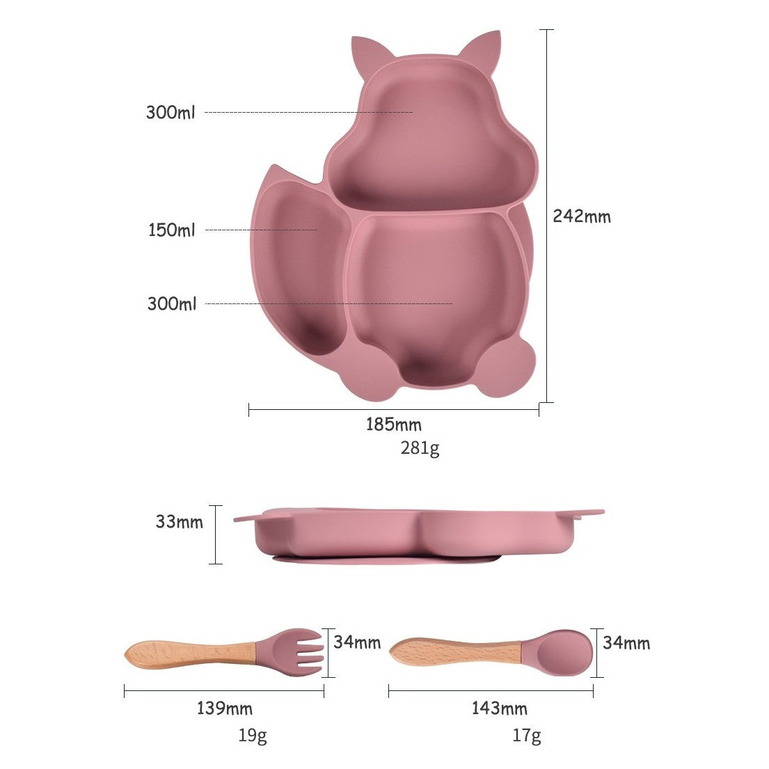 Set 10 piese diversificare bebelusi si copii din silicon Flippy, baveta, farfurie compartimentata cu ventuza, bol cu ventuza, tacamuri din lemn si silicon, cana pentru gustari, fara alergeni, roz pudrat-7