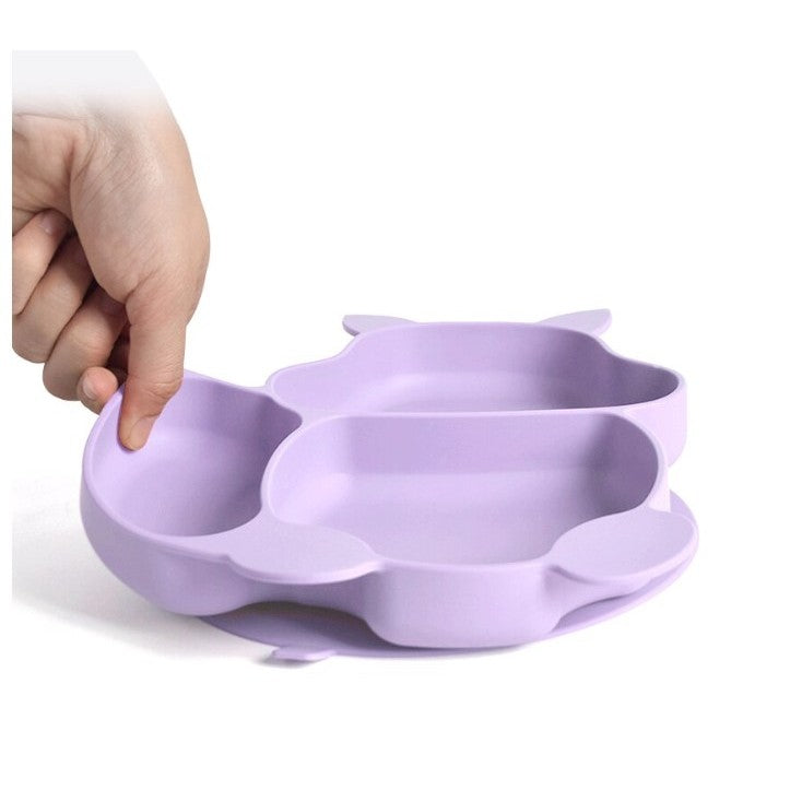 Set 10 piese diversificare bebelusi si copii din silicon Flippy, baveta, farfurie compartimentata cu ventuza, bol cu ventuza, tacamuri din lemn si silicon, cana pentru gustari, fara alergeni, mov-3