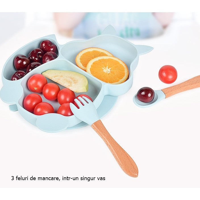 Set 10 piese diversificare bebelusi si copii din silicon Flippy, baveta, farfurie compartimentata cu ventuza, bol cu ventuza, tacamuri din lemn si silicon, cana pentru gustari, fara alergeni, baby blue-1